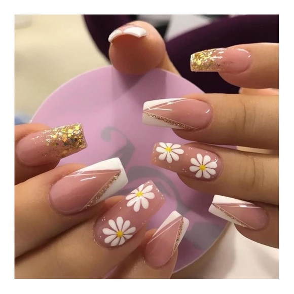 24PCS Press on Nails Medium Coffin Fake‎ Nails Square Shape False Nails French - Picture 1 of 3